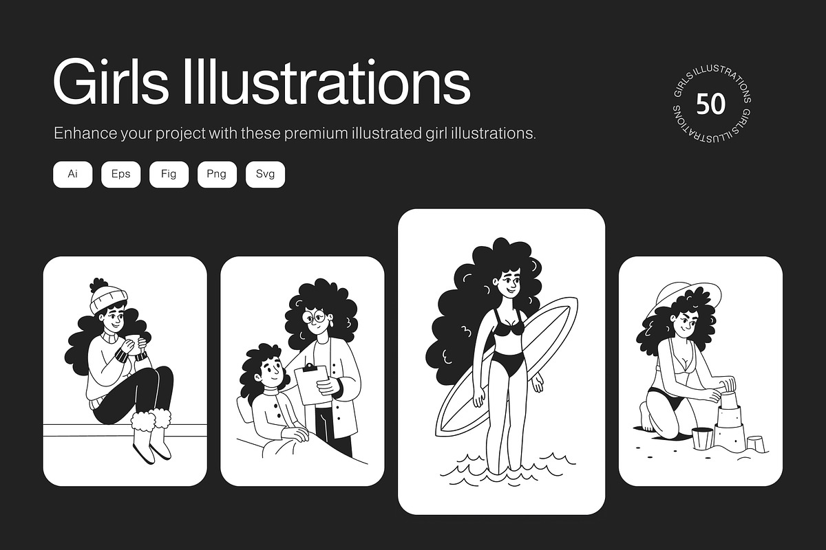 Girl Illustration Art Set, an Outline Icon by Vectors Market (Photo 1 of 9)