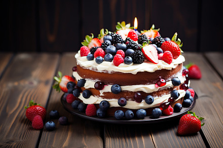 Chocolate cake with fresh berries on wooden table, a Food & Drink Photo by AlyaAnd
