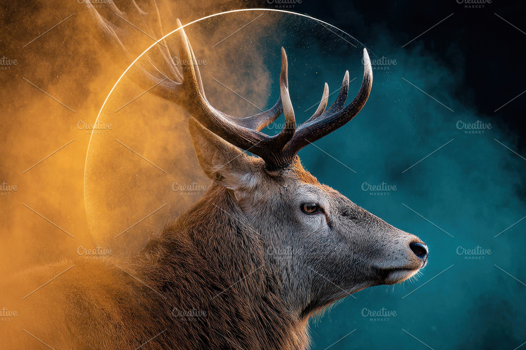 Majestic deer with colorful smoke and halo effect, an Animal Photo by AlyaAnd