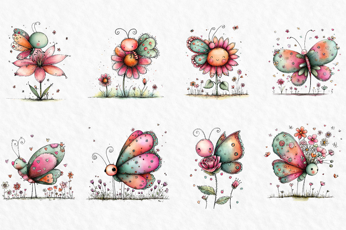 Whimsical Butterfly Flower Clipart, an Illustration by Watercolor design (Photo 4 of 6)