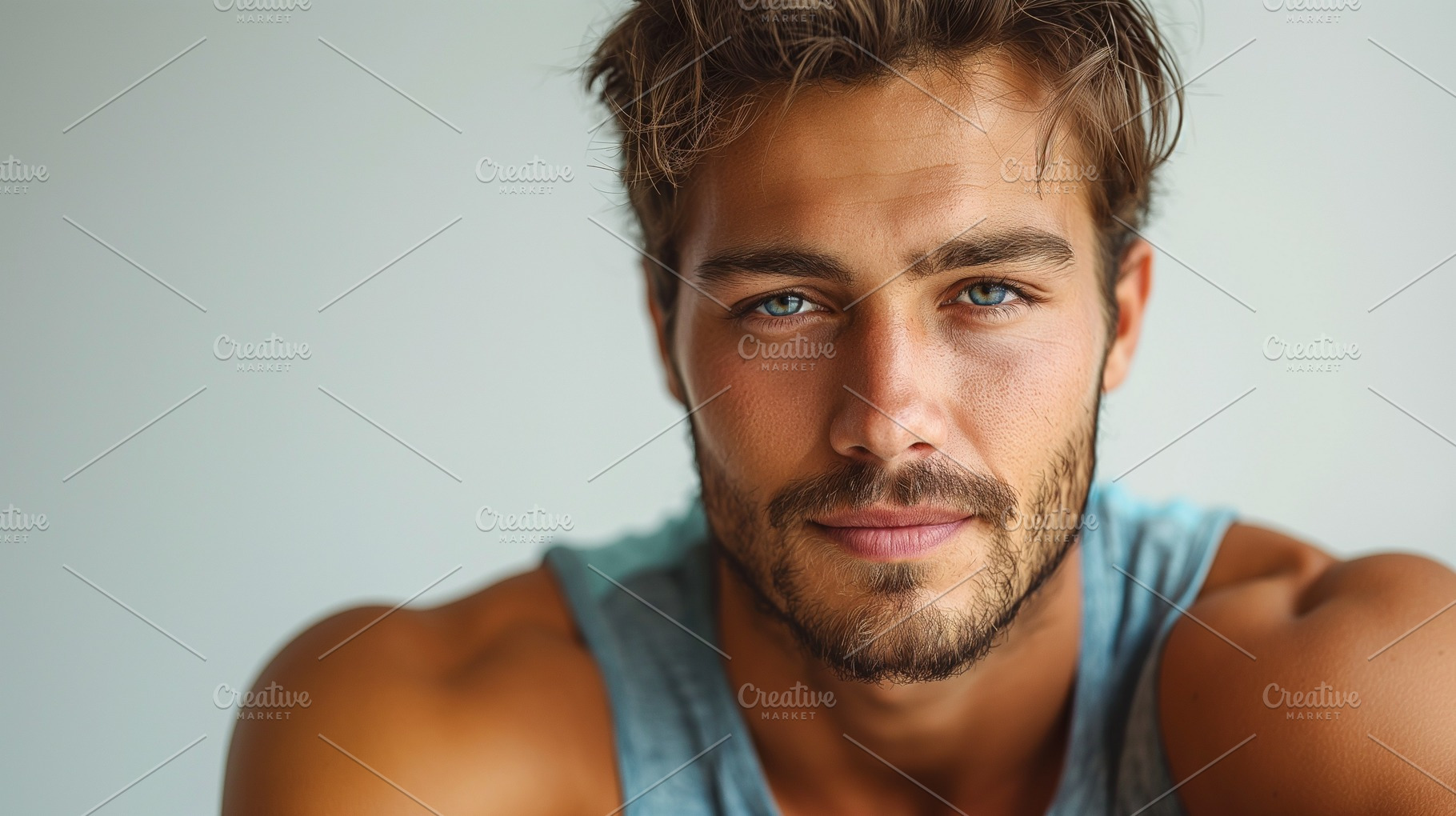 A handsome young man of Caucasian descent with striking blue eyes and a beard,, a Person Photo by ImageMir