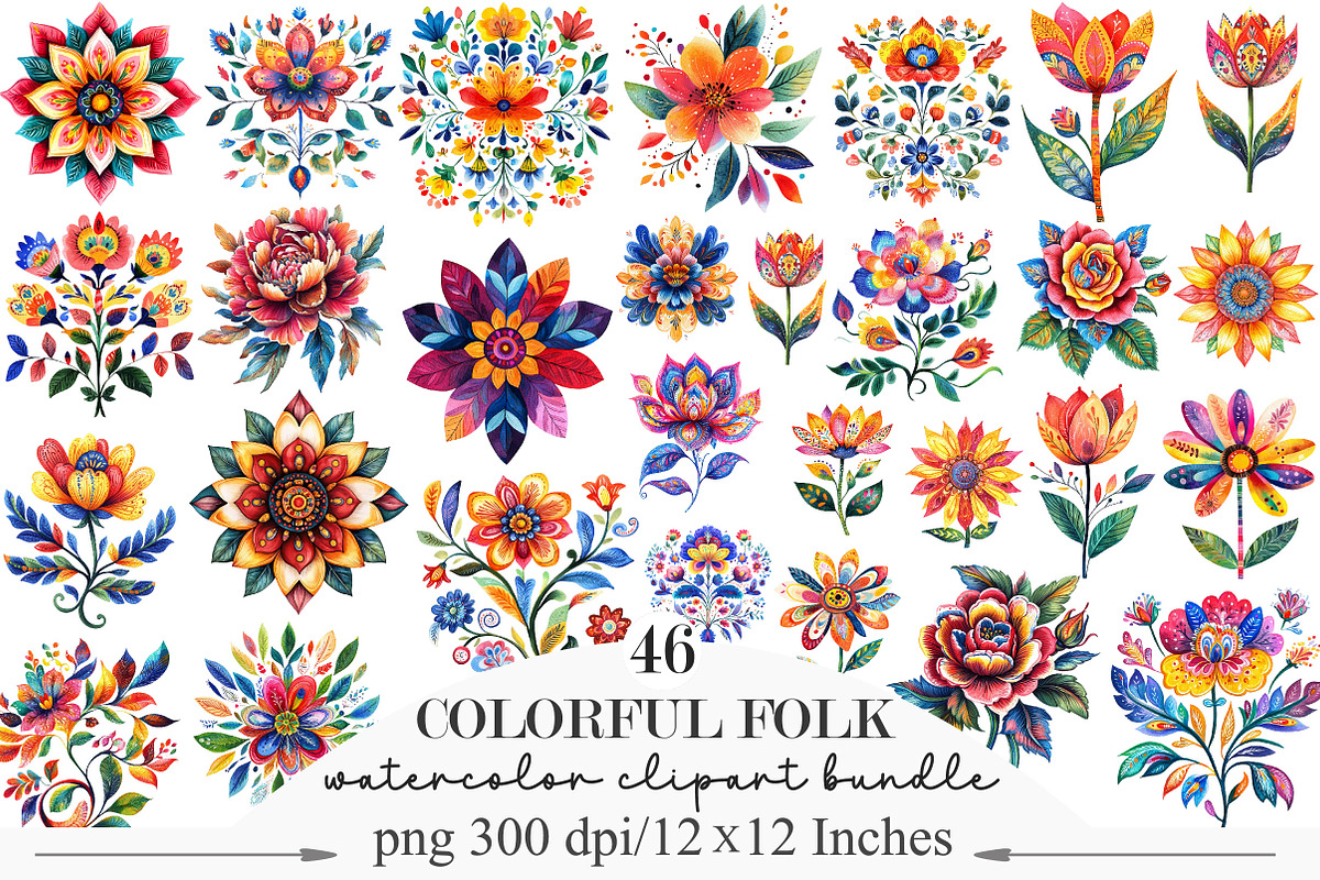 Watercolor Colorful Folk Floral, an Illustration by Designking (Photo 1 of 5)