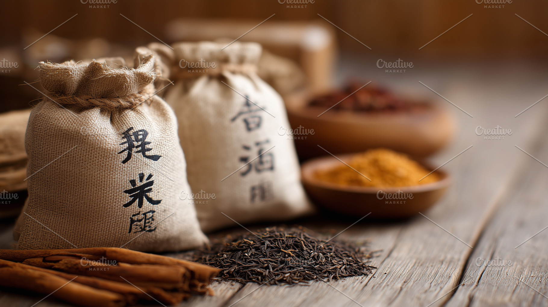 Rustic sacks of traditional Asian, a Food & Drink Photo by MistyDay