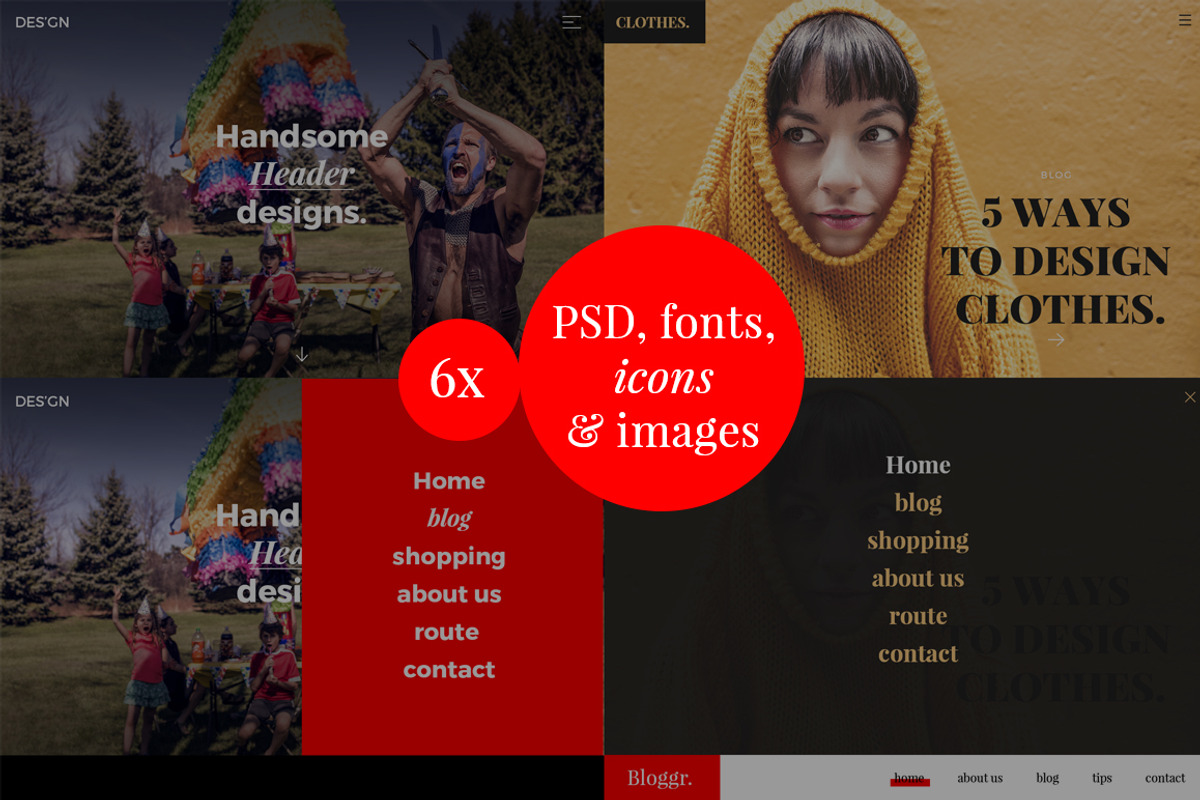 6 x psd header with menu (200 icons), a Templates & Theme by Pixelstudio