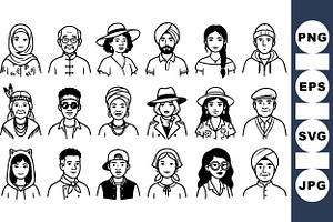 Diverse Character Line Art Set, an Illustration by designvectx