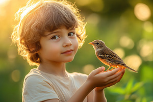 Boy gently holding a small bird in his hands during a sunny afternoon, a Person Photo by AlyaAnd