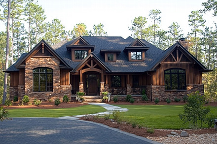 A beautiful modern Craftsman house with a mix of stone and wood exterior, surro, an Architecture Photo by Textures & Backgrounds