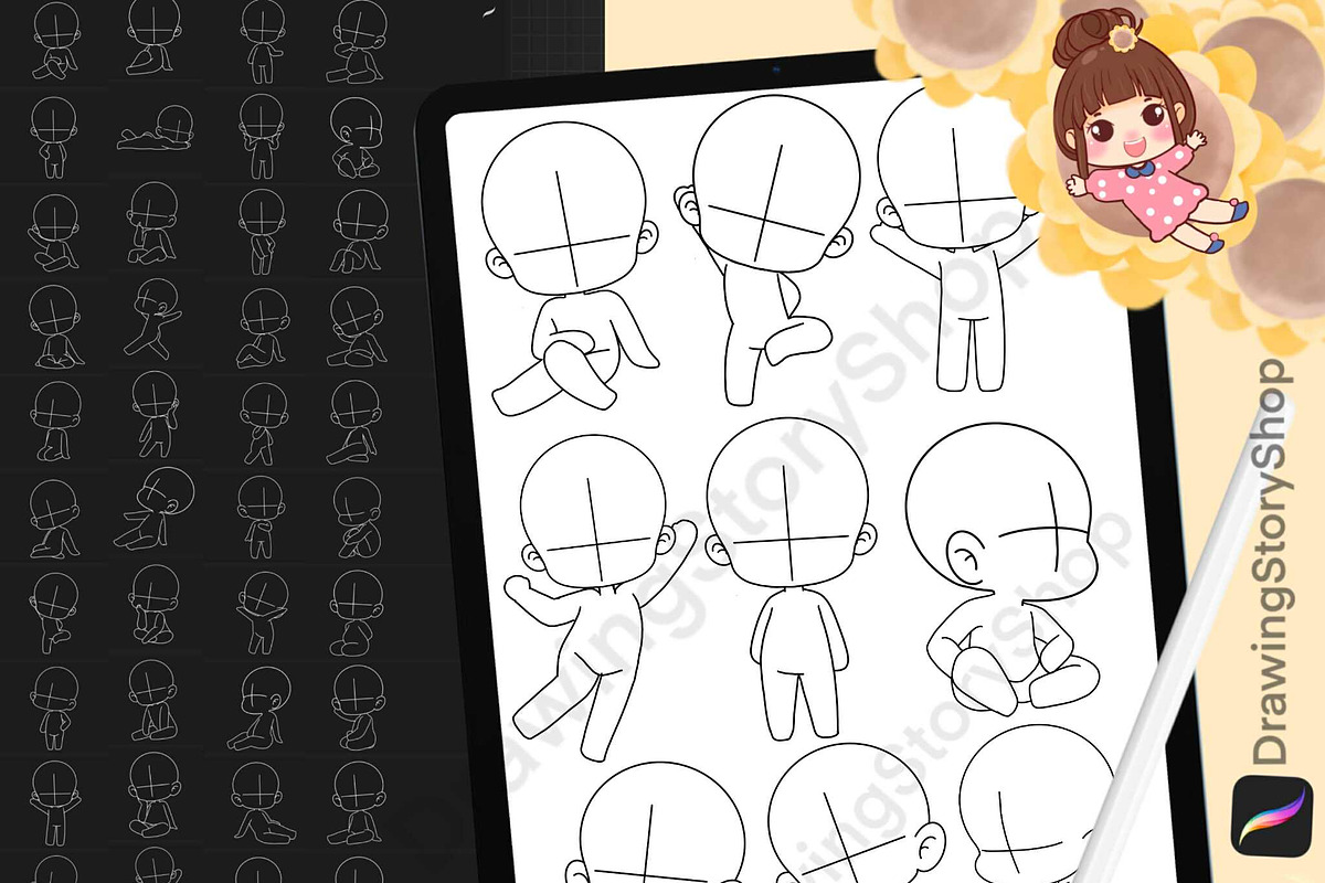 150 Base chibi Procreate pose stamps, a Brush Add-On by DrawingStoryShop