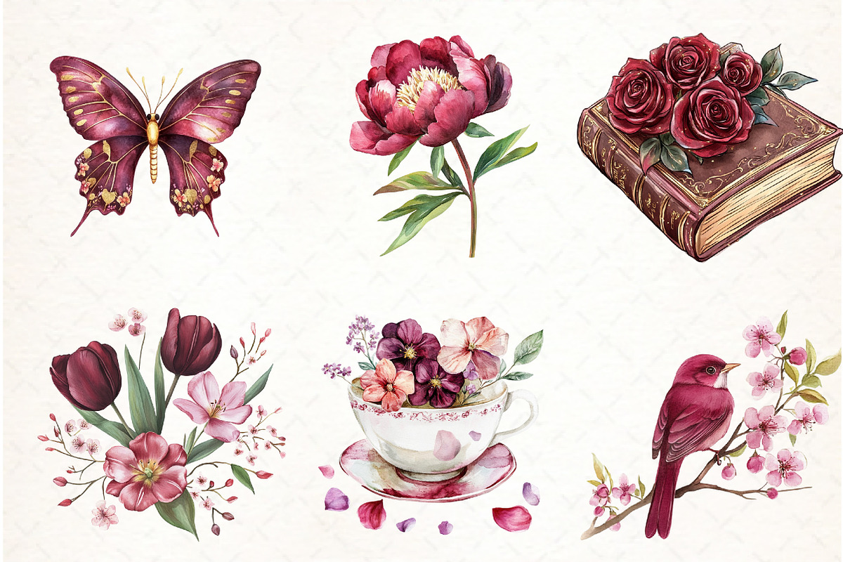 Burgundy Spring Sublimation Clipart, an Illustration by Watercolor design (Photo 2 of 4)