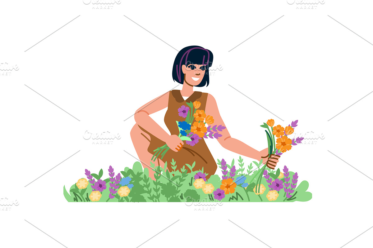 Woman picking flowers in a blooming, an Animal Illustration by pikepicture