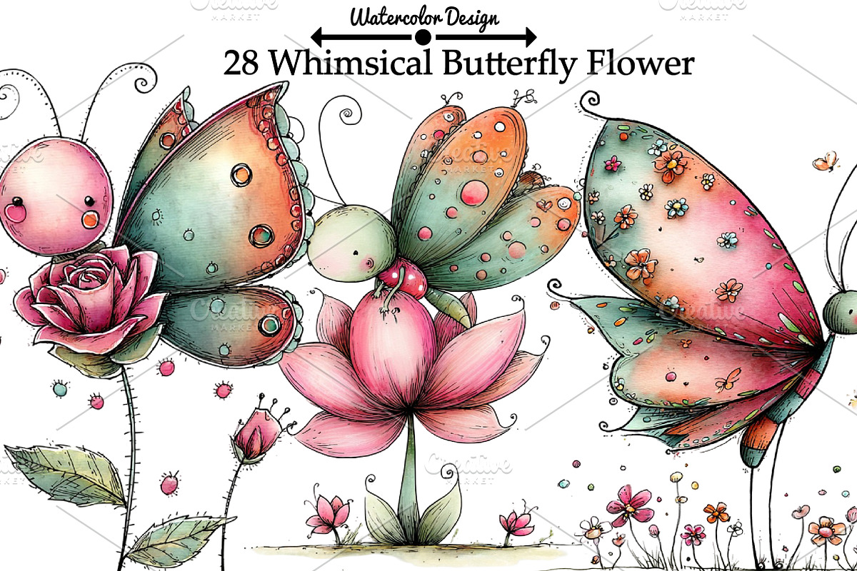 Whimsical Butterfly Flower Clipart, an Illustration by Watercolor design (Photo 1 of 6)