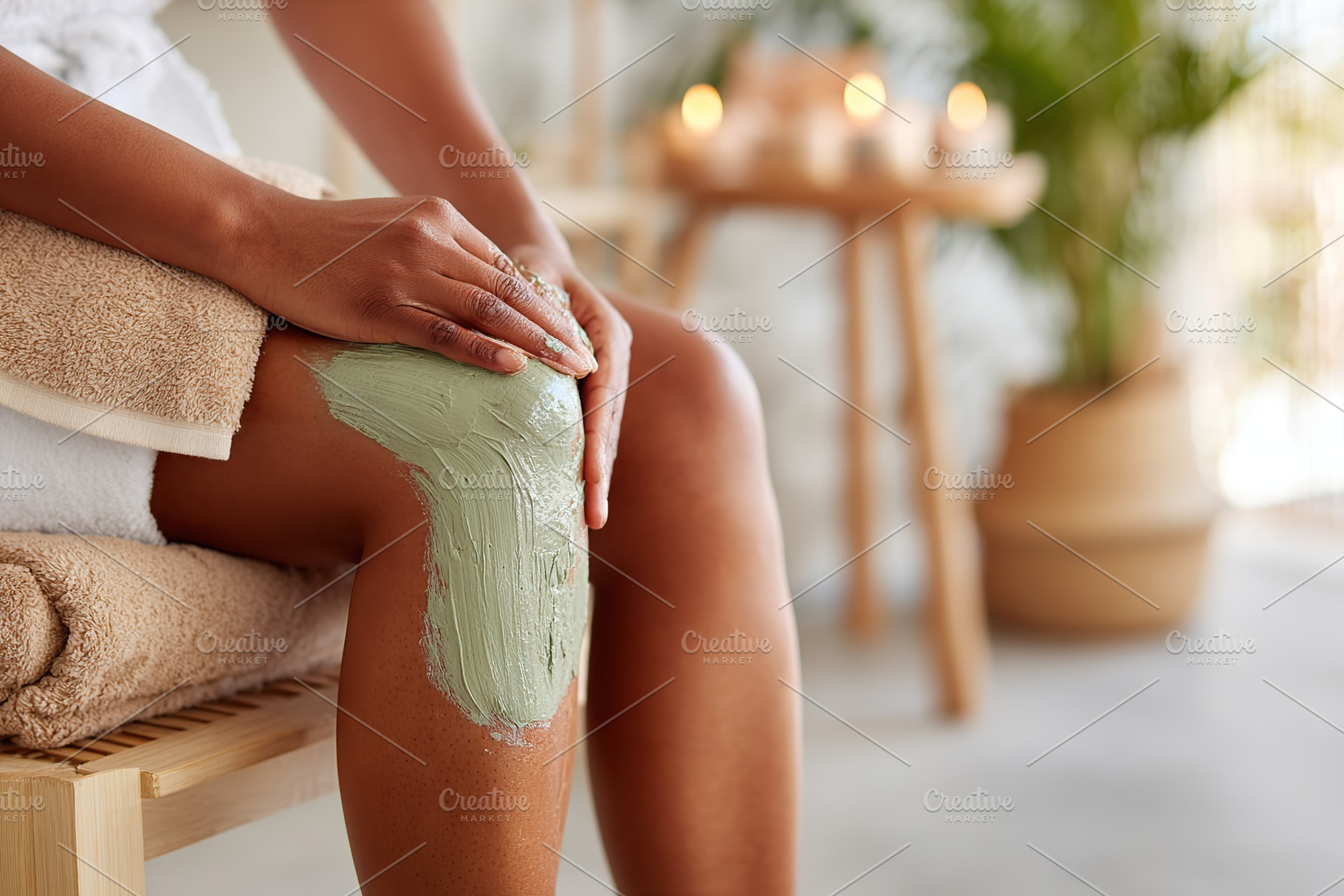 Skin treatment session featuring a green mud mask applied to the knee in a rela, a Beauty & Fashion Photo by AlyaAnd
