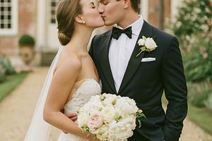 Bride and groom kissing, celebrating love and marriage during th, a Person Photo by Studio ANNA