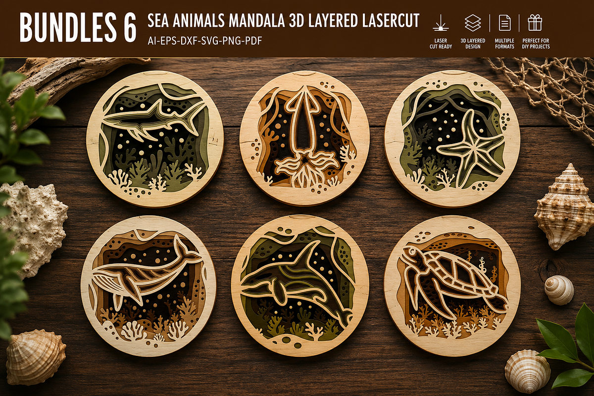 Sea Animals Mandala 3D Layered 6, an Animal Illustration by OTVEY DESIGN (Photo 1 of 7)