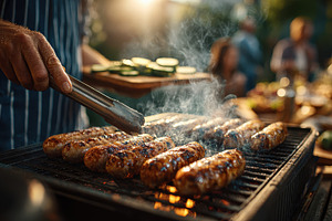 Grilling sausages outdoor summer bar, a Photo by Pixeness Studio