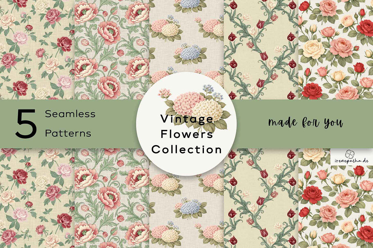 Vintage Flowers Pattern Bundle, a Pattern Graphic by irenepachadesign (Photo 1 of 6)