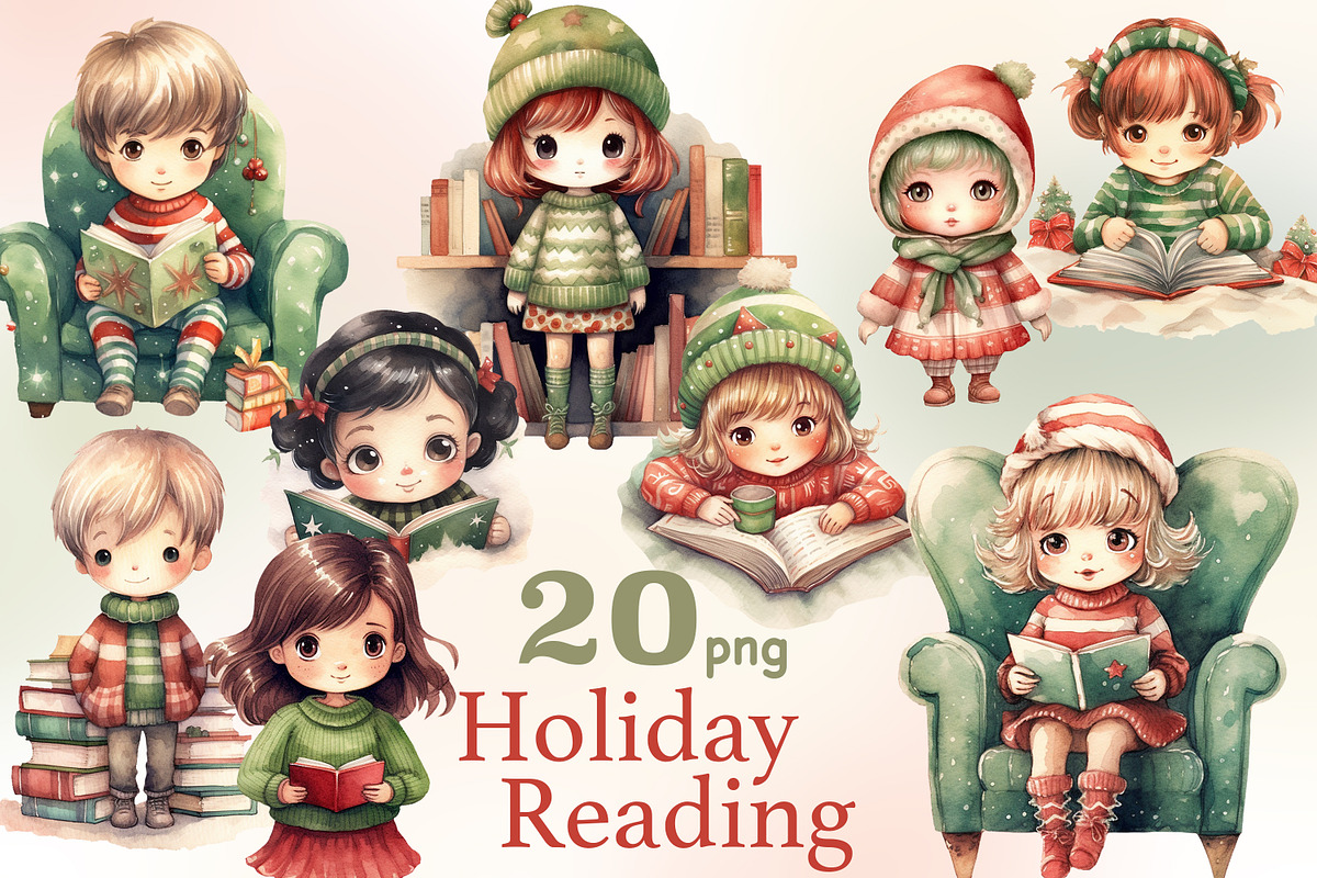 Christmas Cute Bookworm Clipart, a Person Illustration by GlamArtZhanna (Photo 1 of 5)