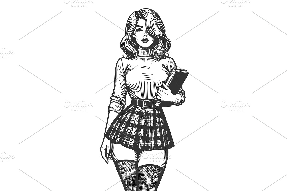 Girl in Plaid Skirt Holding Book, a Person Illustration by AlexArt