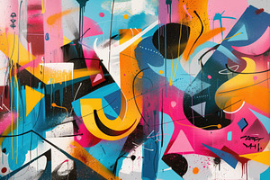 A Vibrant Abstract Mural Graffiti Featuring Bold Colors Like Pink, Blue, Yellow