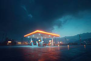 Illuminated gas station at night with moody atmosphere, an Industrial Photo by AlyaAnd