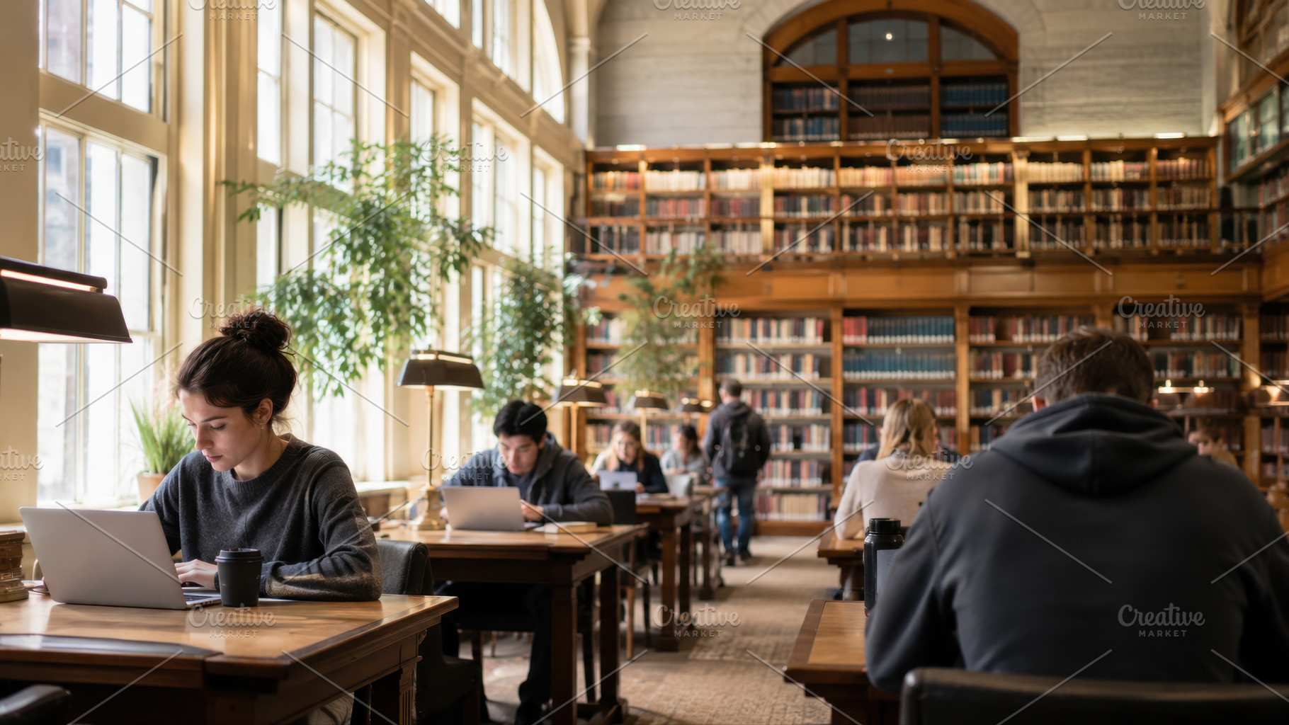 Studying in a library during the day, a Photo by Beautiful things