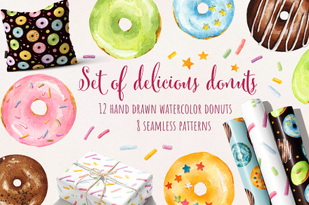 Set of watercolor delicious donuts