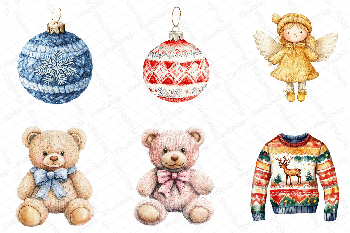Watercolor Christmas Knitted Clipart, an Illustration by DreamPrint404 (Photo 2 of 6)