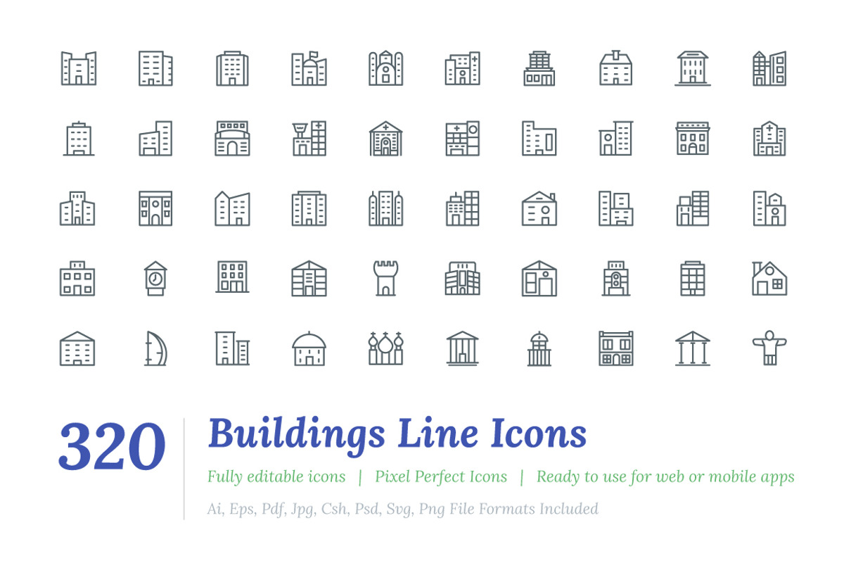 320 Buildings Line Icons, an Outline Icon by Vectors Market (Photo 1 of 5)