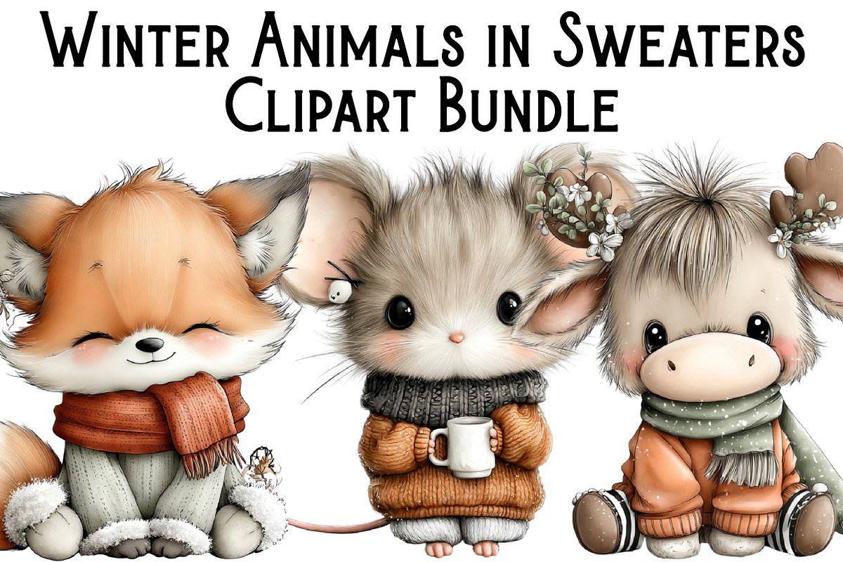 Winter Animals in Sweaters Clipart, an Illustration by Pixels.Craft (Photo 1 of 6)
