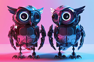 Twin robots with vibrant neon lights, a Photo by LOGOCREATIVE