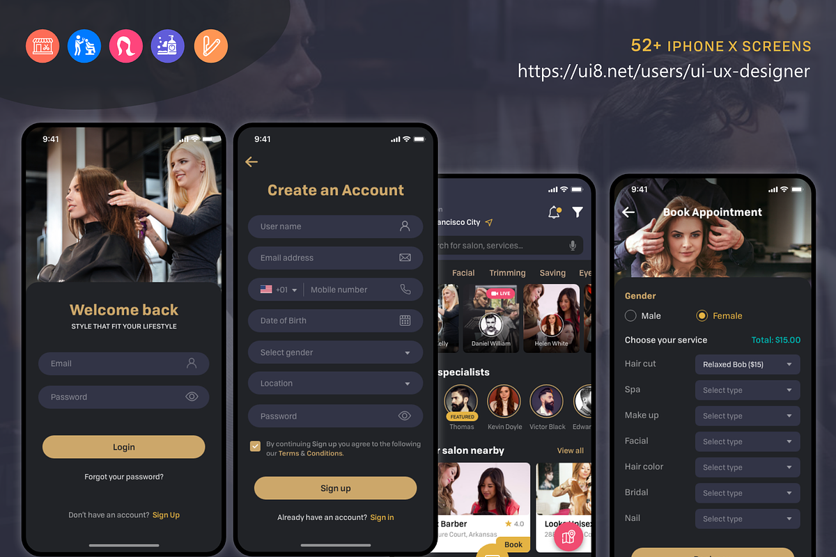 Barber & Salon UI Kit, an App Template by UX Design Master (Photo 9 of 13)