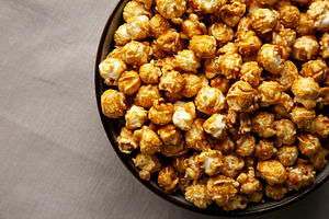 Homemade Caramel Pop Corn in a Bowl, top view.