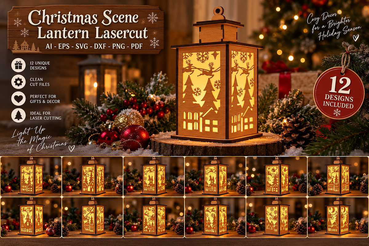 Christmas Scene Lantern Laser Cut, a Decorative Illustration by OTVEY DESIGN (Photo 1 of 13)