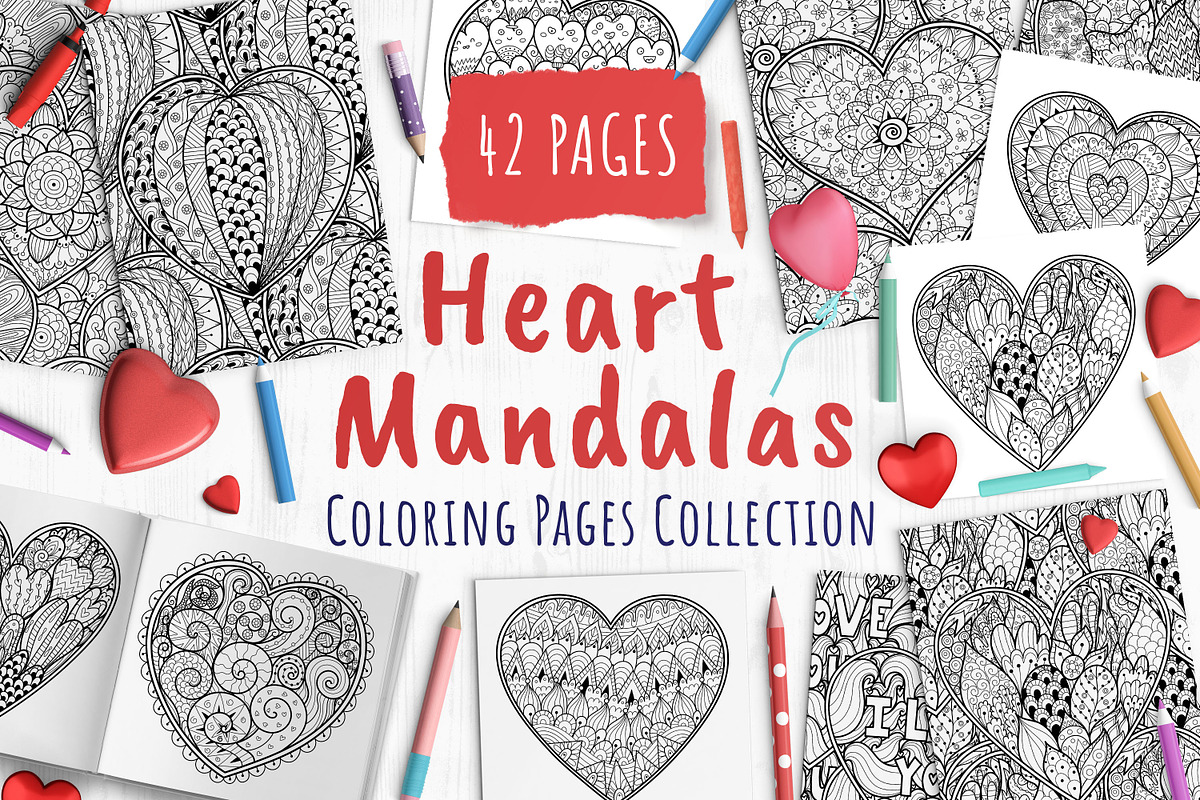 Heart Mandalas Coloring Pages, a Decorative Illustration by Gulnara Sabirova (Photo 1 of 18)