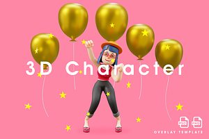 Cute Lady 3D With Gold Balloons