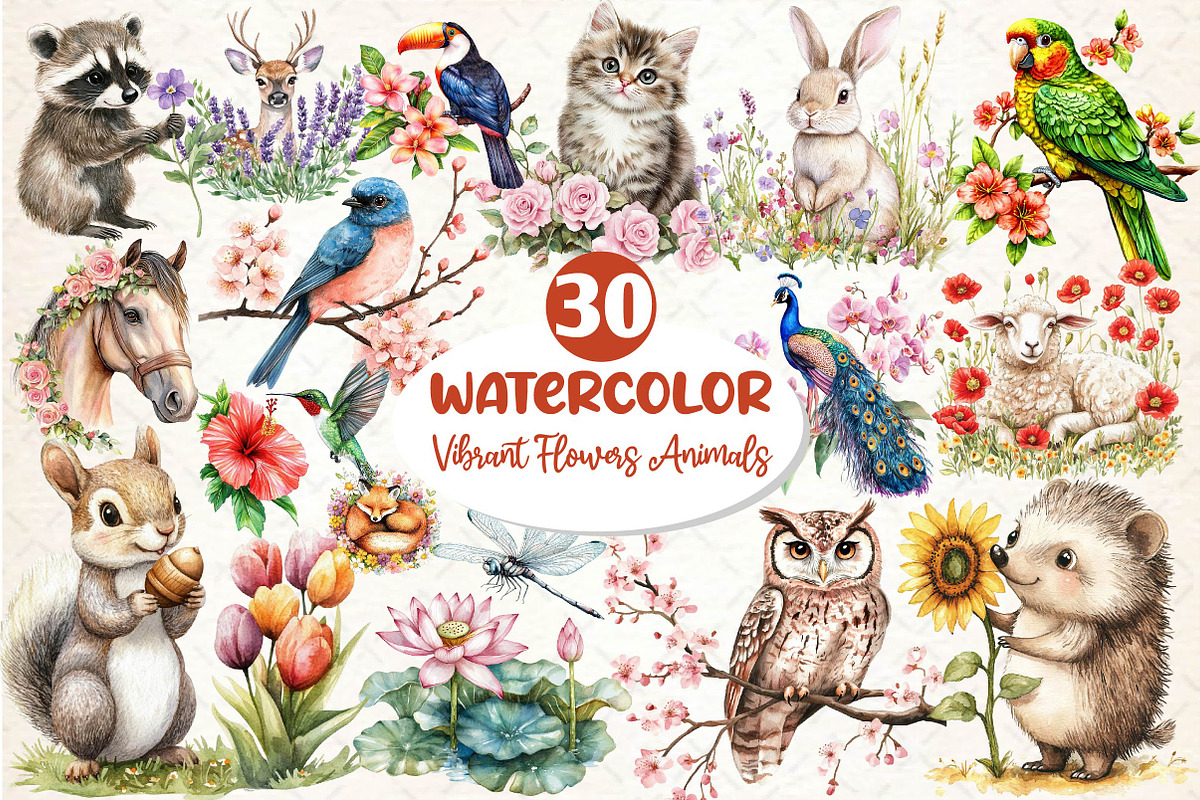 Vibrant Flowers Animals Clipart, an Illustration by Dream Creation (Photo 1 of 6)