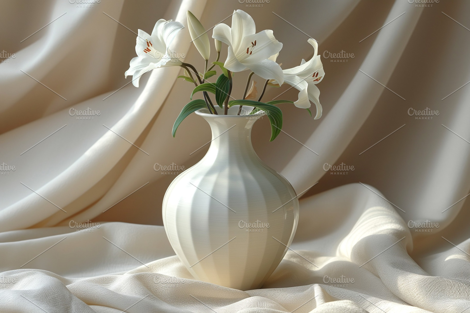 Elegant white vase with lilies set against soft, flowing beige fabric., a Business Photo by ImageMir