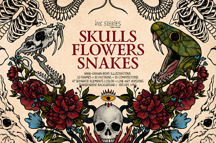Skulls, Flowers and Snakes | Vintage, a Decorative Illustration by Ink Stories