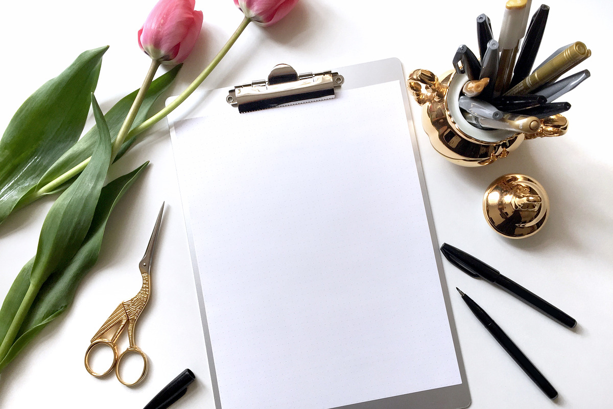 Topview Mockup w/ Tulips and Pens, a Print Template by Yolo Berlin