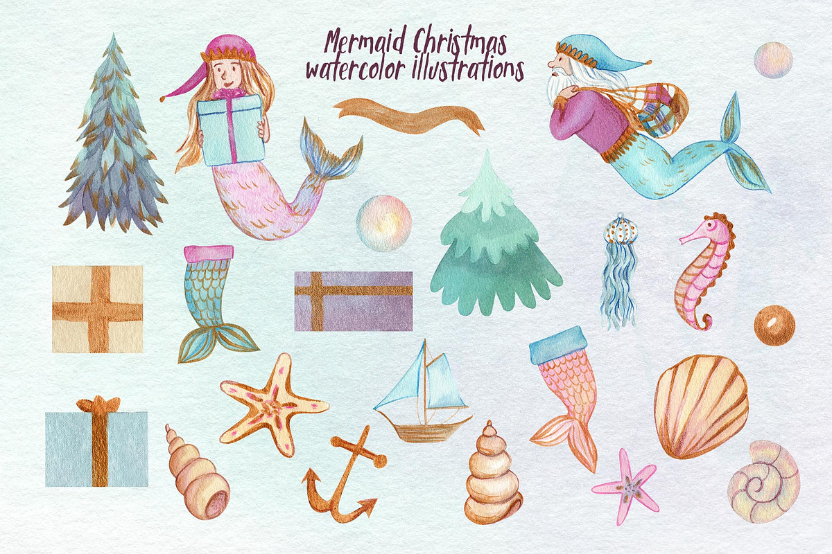 Mermaid Christmas Watercolor Clipart, a Seasonal Illustration by Catch the Dream Art (Photo 2 of 8)