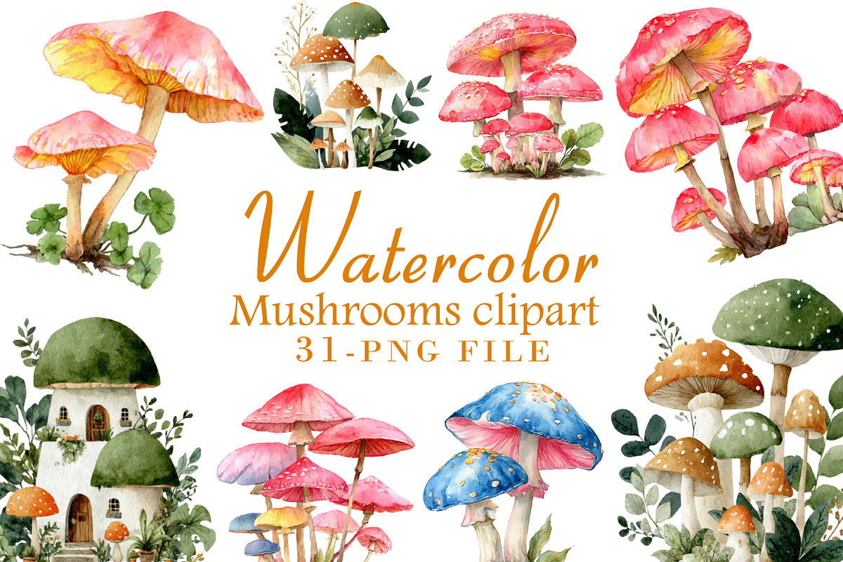 Watercolor Mushrooms clipart, an Illustration by Libby Wishes (Photo 1 of 4)
