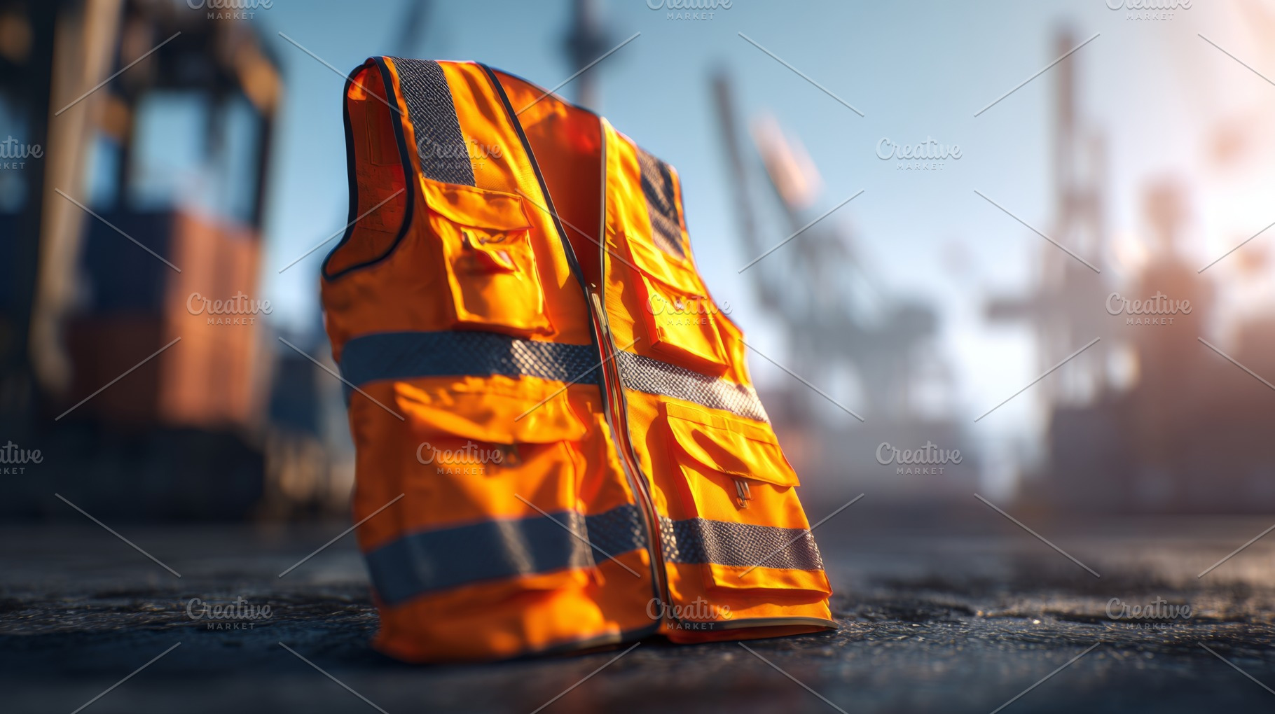 A vibrant orange safety vest displayed prominently in an industrial setting, hi, a Business Photo by ImageMir