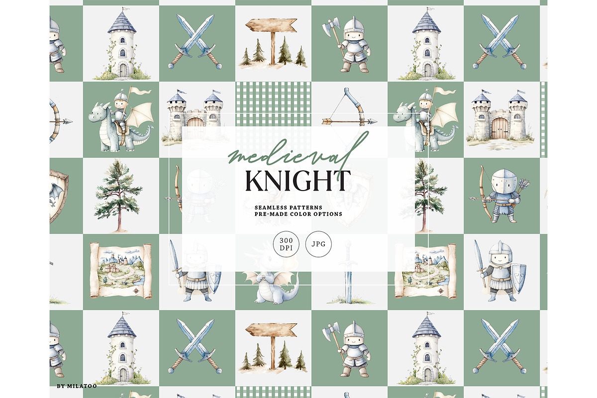 Fantasy castle dragon knight pattern, a Pattern Graphic by Milatoo (Photo 1 of 6)