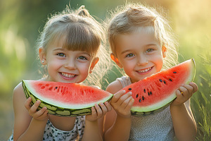 Cute little sisters eating ripe slices of watermelon on blurred, a Food & Drink Photo by AlyaAnd