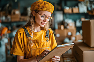 Young woman small business owner man, a Photo by Pixeness Studio