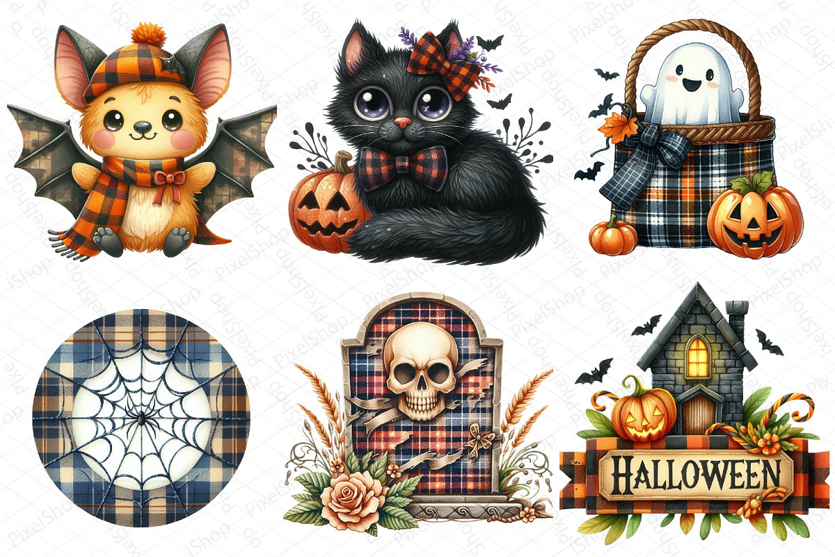 Watercolor Plaid Halloween Clipart, an Illustration by DreamPrint404 (Photo 3 of 6)