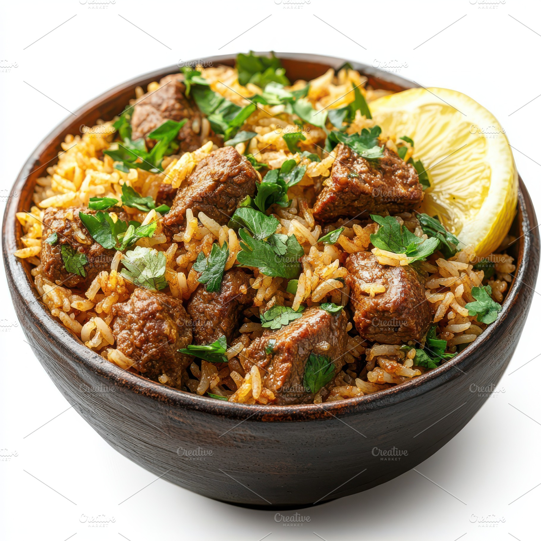 Brown Bowl of Mutton biryani with sa, a Food & Drink Photo by Pixeness Studio