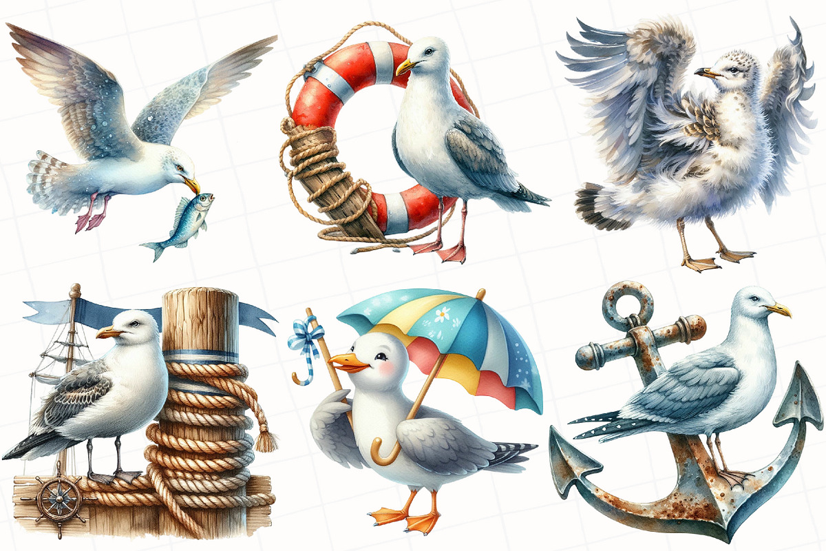 Watercolor Summer Seagulls Clipart, an Illustration by OK Design (Photo 5 of 5)