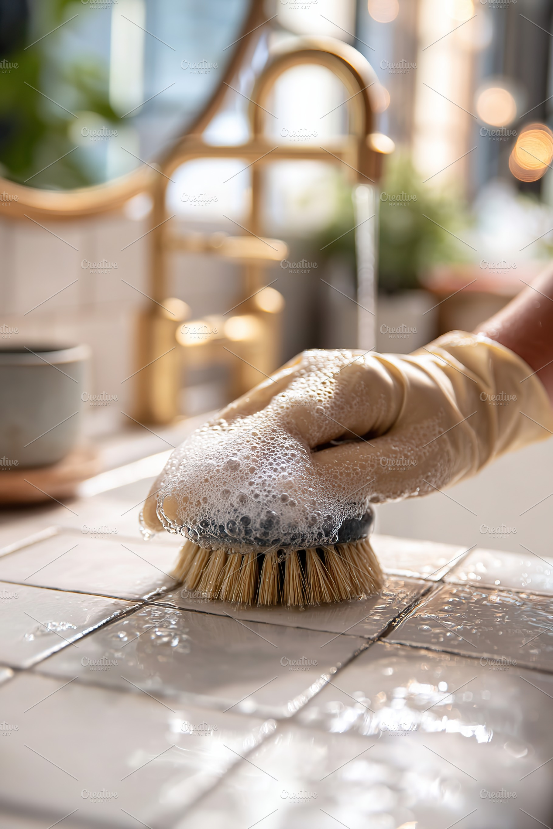 Cleaning white ceramic tiles with brush and soapy water in a bright kitchen set, a Photo by AlyaAnd