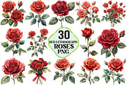 Red Lithograph Roses Clipart, an Illustration by Pixels.Craft (Thumbnail 1 of 7)
